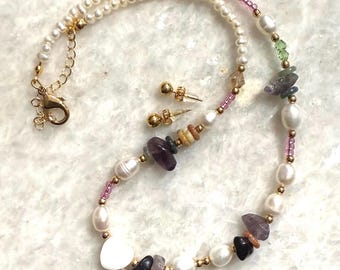 Eclectic Necklaces with Golden 14k Gold- filled Studs Pearls, Hearts, gemstones