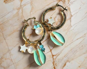 18k Gold-filled and Pastel tones Seashell, stars, crystals Hoop  Earrings