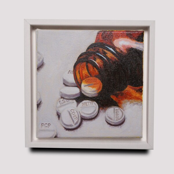 Drugs - Oil Painting of a medicine bottle with tablets of illegal drug names concept