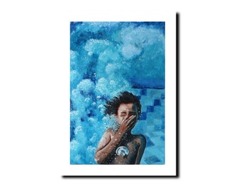 May include: A painting of a person underwater with bubbles surrounding them. The person is wearing a dark brown swimsuit and has their hands covering their face. The background is a blue and white tiled pool.