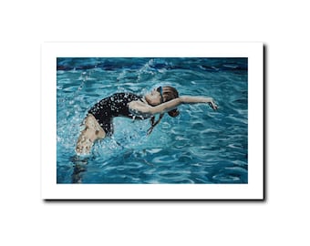 May include: A painting of a swimmer doing a backstroke in a pool. The swimmer is wearing a black swimsuit and goggles. The water is blue and there are splashes of water around the swimmer.