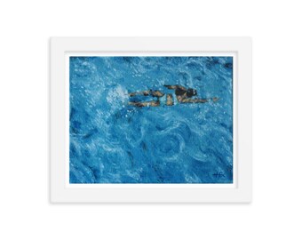 Swim - Framed poster of a young woman swimming in a pool wearing a bikini from a bird's eye view