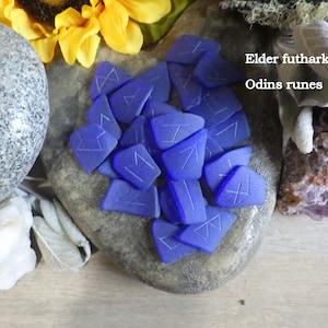 Hand crafted, &quot;BLUE &quot;cultured&quot; sea glass, elder futhark runes, Odin&#39;s runes, Germanic/Norse/oracle, made to order, blessed for buyer.