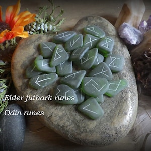 Hand crafted, etched &quot;cultured&quot; green sea glass, elder futhark runes, Odin Norse/Germanic/oracle runes, made to order, blessed for the buyer