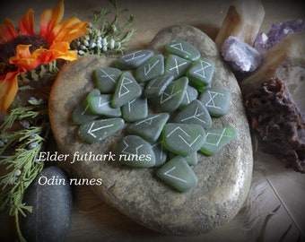 Hand crafted, etched "cultured" green sea glass, elder futhark runes, Odin Norse/Germanic/oracle runes, made to order, blessed for the buyer