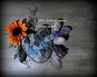 Hand crafted, etched "cultured" sea glass, elder futhark runes, Odin Norse/Germanic/oracle runes, made to order, blessed for the buyer