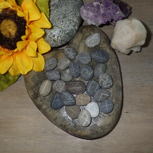 May include: A heart-shaped stone with gray and brown markings holds a collection of gray stones with white runes carved into them.