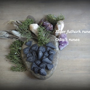 Hand crafted, BLACK &quot;cultured&quot; sea glass, elder futhark runes, Odin&#39;s runes, Norse/Germanic/oracle, made to order, blessed for the buyer.
