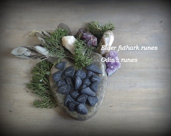 Hand crafted, BLACK "cultured" sea glass, elder futhark runes, Odin's runes, Norse/Germanic/oracle, made to order, blessed for the buyer.
