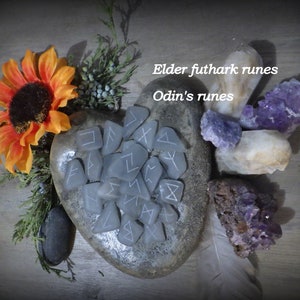 Hand crafted, etched &quot;cultured&quot; smoked sea glass, elder futhark runes, Norse/Germanic/oracle runes, made to order, blessed for the buyer
