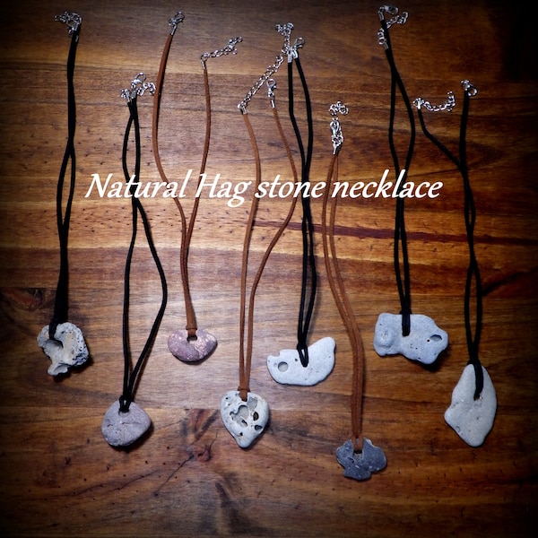 1-8 NATURAL.. hand crafted, Hag stone necklace, leather cord 18 inches. Adder stone, Odin stone, fairy stone. Amulet, talisman, divination.