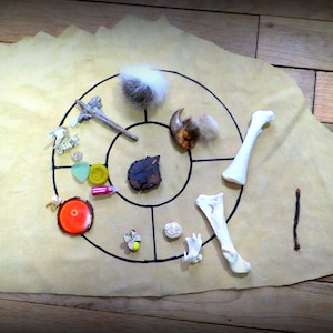 May include: A tan leather circle with various objects arranged in a circle. The objects include a small piece of fur, a bone, a small piece of wood, a small piece of metal, a small piece of glass, a small piece of plastic, a small piece of fabric, a small piece of paper, a small piece of string, and a small piece of wire.