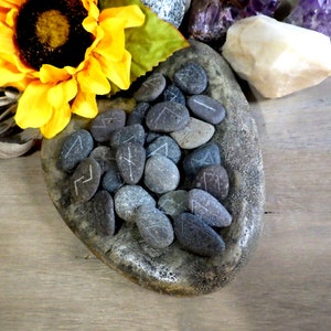 May include: A heart-shaped stone dish filled with gray and brown stones, each with a white rune carved into it. The dish is surrounded by a sunflower, a white crystal, and amethyst crystals.