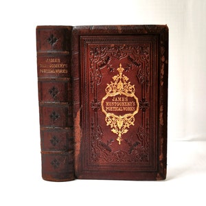 Montgomerys Poetical Works (vers 1950) Reliure décorative en cuir et dorure, livre illustré de poésie victorienne antique