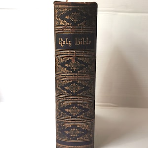 Antique Holy Bible (1870s) Brown&#39;s Self Interpreting Family Bible, Large Illustrated Decorative Leather Antique Book