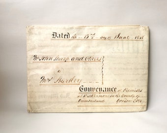 Grand contrat de vélin antique (1848) Cumberland Grand document victorien antique à double feuille