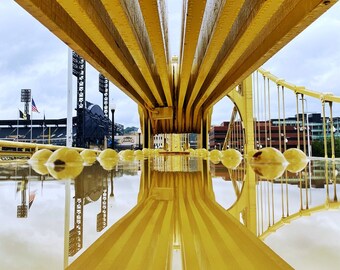 Clemente Bridge Railing with PNC PArk Vertical Reflection Photo | Pittsburgh Print