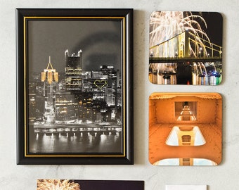 Love Pittsburgh Care Package | Includes Framed Black And Gold Photo, Drink Coasters, Magnet, Postcard