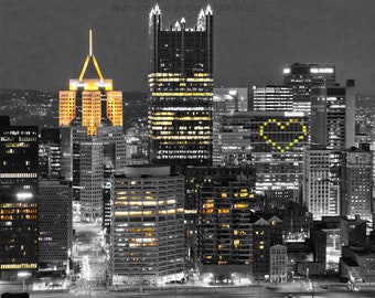 Black And Gold Pittsburgh Skyline With Heart Print | Pittsburgh Photography