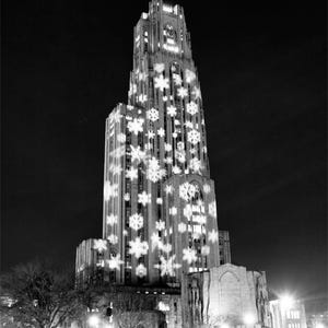 Cathedral Of Learning with Snowflakes Black and White | University of Pittsburgh Print