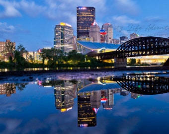 Red, White, and Blue Lights with Pittsburgh Skyline Reflection Photography | Pittsburgh Print