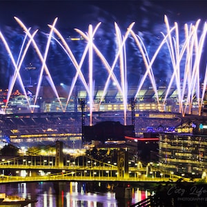 PNC Park Baseball Stadium Fireworks with Three Sister Bridges Photo | Pittsburgh Print