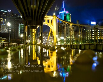 Rainbow Lights Horizontal Bridge Reflection Photo | Pittsburgh Print