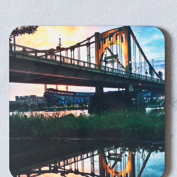 Pittsburgh Sunset Bridge Reflection Photo Coaster | Set of 1 Coaster | Beer and Drink Coaster