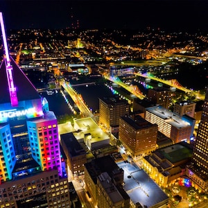 Downtown Pittsburgh with Highmark Building + Pittsburgh Bridges In Rainbow Colors For Pride Photo | Pittsburgh Print