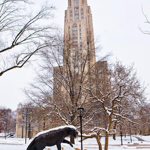 Snowy Cathedral Of Learning with Pitt Panther Statue Photo | University of Pittsburgh Print