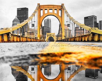 Black and Gold Pittsburgh Bridge Reflection Photography | Pittsburgh Print