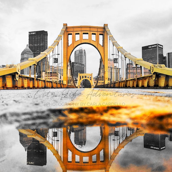 Black and Gold Pittsburgh Bridge Reflection Photography | Pittsburgh Print