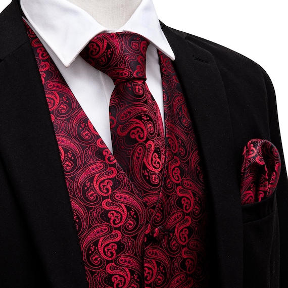 Barry Wang Mens Waistcoat Black & Red Paisley Vest Suit Tie - Etsy Finland