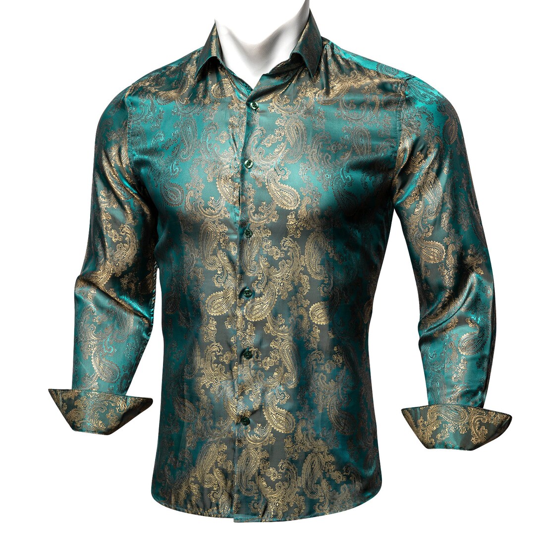 Turquoise & Gold Men Shirt Designer Long Sleeve Silk Vintage Etsy