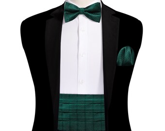 Green Striped Cummerbund Bow Tie and Pocket Square Cufflinks Set in Silk Handmade Tuxedo Cummerbund | Adjustable | Wedding |
