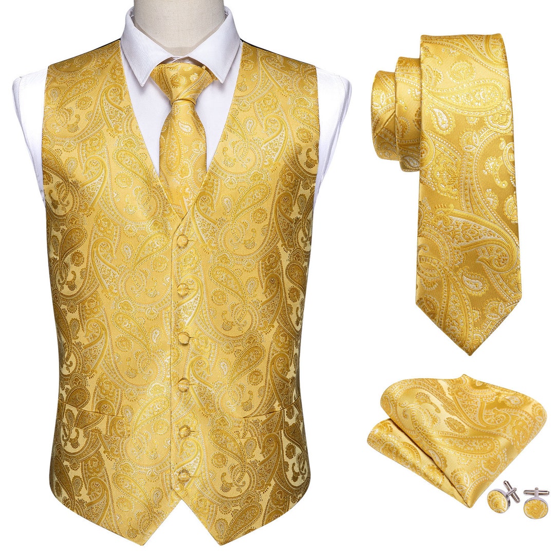 Barry Wang Bright Yellow Paisley Mens Waistcoat 4PCS Silk Vest - Etsy