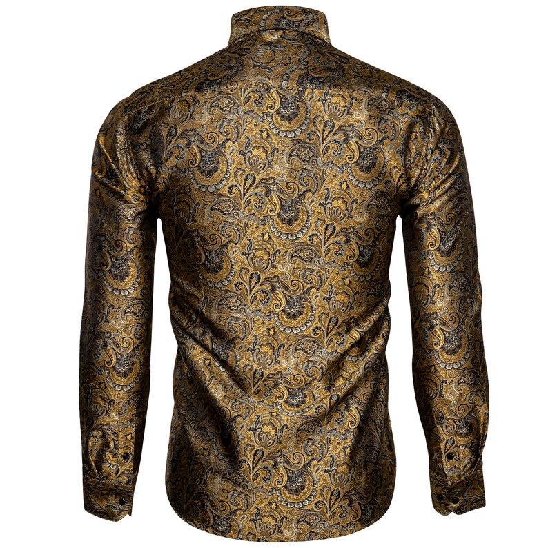 Luxury Gold Floral Men Shirt Long Sleeve Silk Jacquard Button Etsy