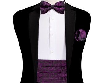 Purple Paisley Cummerbund Bow Tie and Pocket Square Cufflinks Set in Silk Handmade Tuxedo Cummerbund | Adjustable | Wedding |