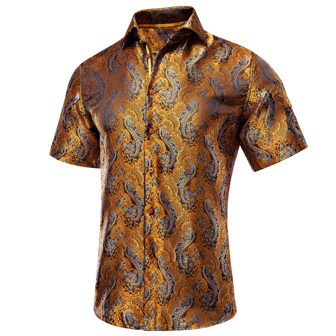 Luxury Gold Mens Shirts Short Sleeve Floral/paisley Silk Etsy