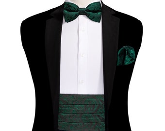 Green Black Paisley Cummerbund Bow Tie and Pocket Square Cufflinks Set in Silk Handmade Tuxedo Cummerbund | Adjustable | Wedding |