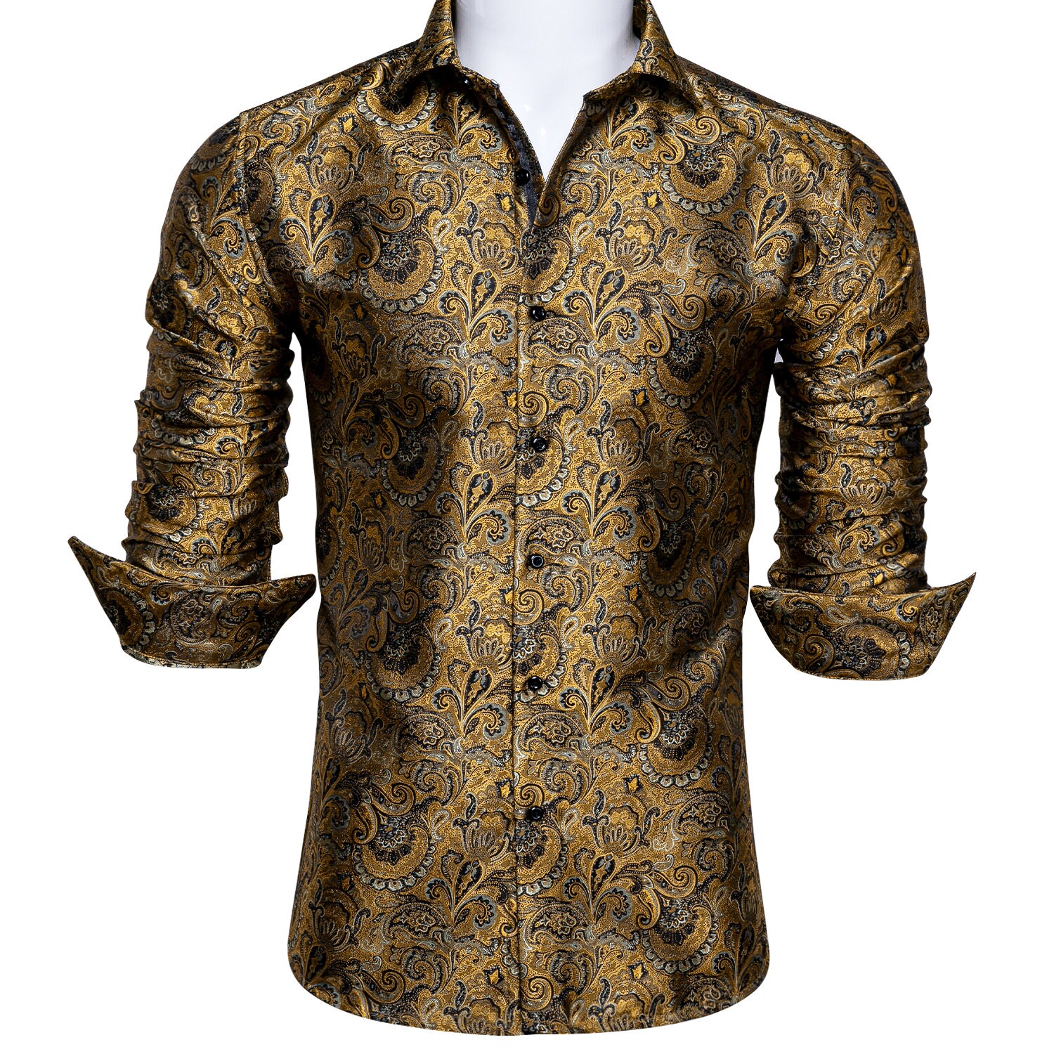 Luxury Gold Floral Men Shirt Long Sleeve Silk Jacquard Button Etsy