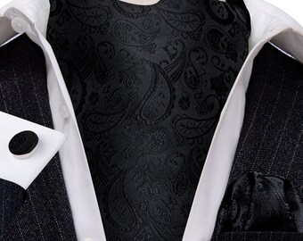 Barry Wang Mens Formal Ascot Tie Black Paisley Floral Cravat Scarf Necktie Hanky Cufflinks Set Wedding