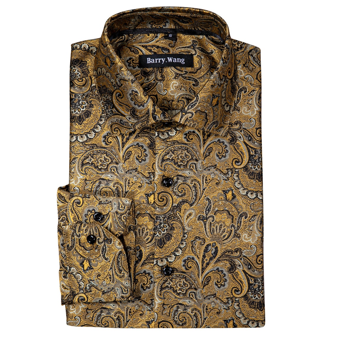 Luxury Gold Floral Men Shirt Long Sleeve Silk Jacquard Button Etsy