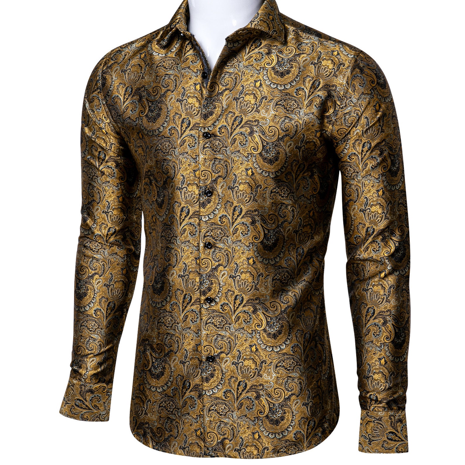 Luxury Gold Floral Men Shirt Long Sleeve Silk Jacquard Button Etsy