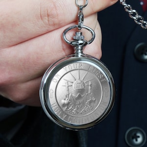 Reloj de bolsillo personalizado para Primera Comunión de niño, regalo católico de peltre para hijo, nieto y ahijado.