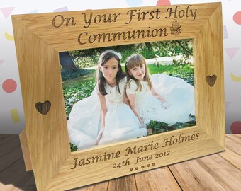 Boy's or Girl's First Holy Communion Engraved Oak Photo Frame, Personalized Engraved 1st Holy Communion Picture Frame Catholic Gift Ideas