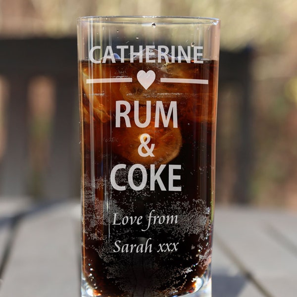 Rum & Coke Highball Glass Personalised Engraved Boxed Rum Lover Gift Heart Design for Birthday Christmas Retirement Wedding Anniversary etc