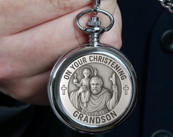 Grandson Christening Gift, Personalised St Christopher Pocket Watch, Boy's Christening Gift From Grandparents, Grandma and Grandad Gifts