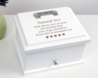 Girl's Christening Gift Engraved Jewellery Storage Organiser Box, Personalised Christening Day Jewelry Keepsake Box for a Girl