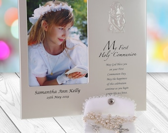 Girl's First Holy Communion Photo Frame and Rosary Beads Gift Set, 1st Communion Girl Engraved Personalised Picture Frame Religious Gift Set